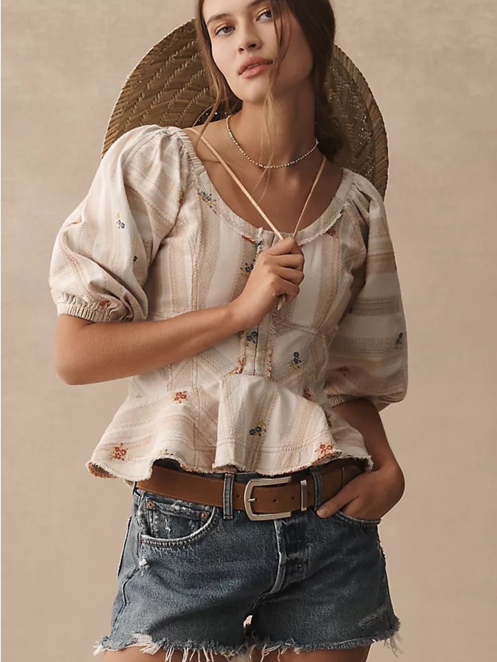 PILCRO ANTHROPOLOGIE Puff-Sleeve Peplum Blouse Floral Smocked Boho Cotton Top L